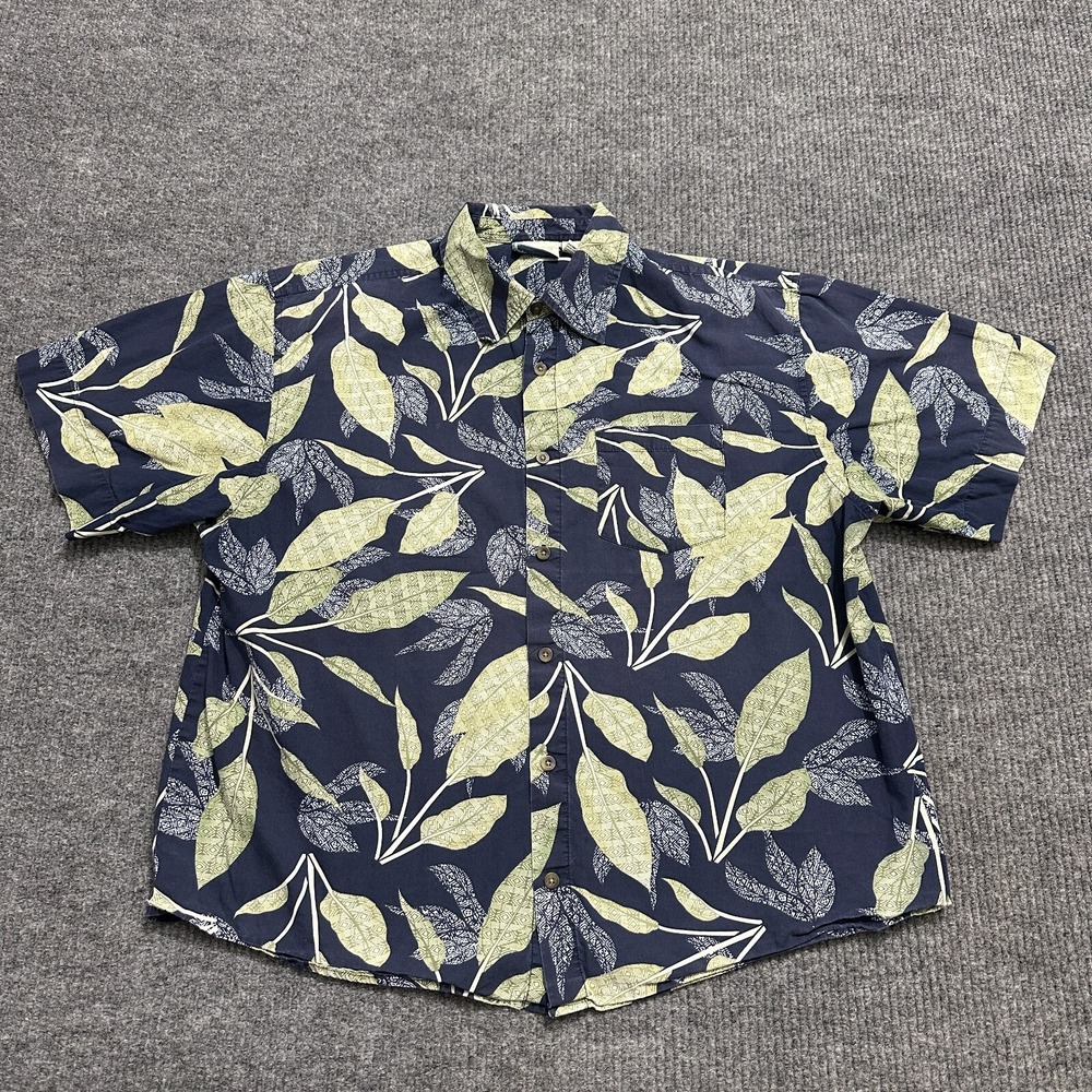 Island Shores Mens Button Up Shirt XL Blue Leafy‎ Pattern Cotton Short Sleeve